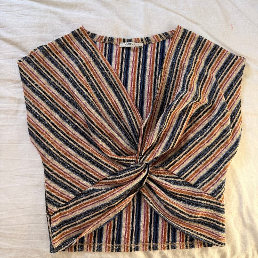 Zara Striped Crop Top Twist Front Metallic Threads - Small